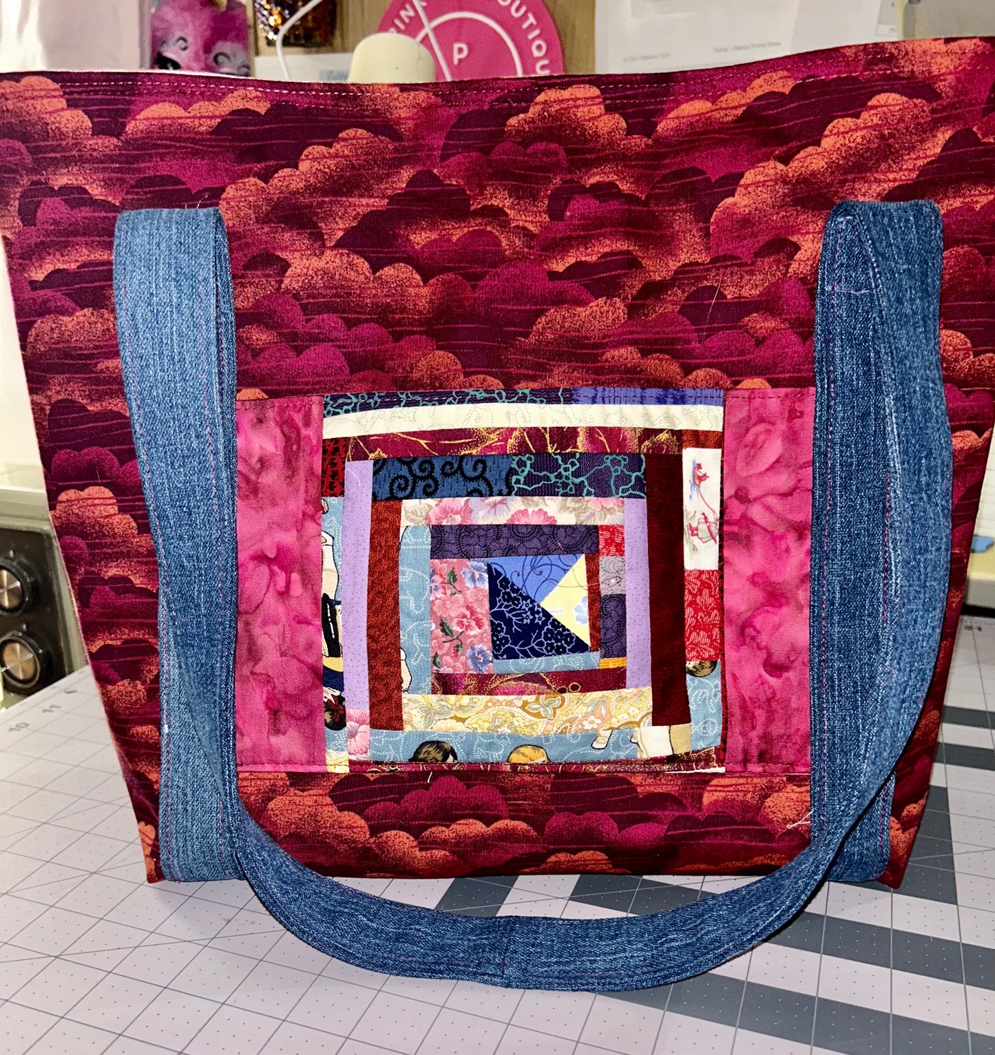 quilt square tote bag with pocket